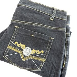 No Fuze Womens 16 Dark Wash Rose‎ Embroidered Straight Leg Stretch Jeans Black